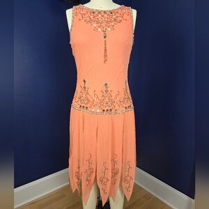 Sue Wong Nocturne Embellished Peach Flapper Dress, Size 6